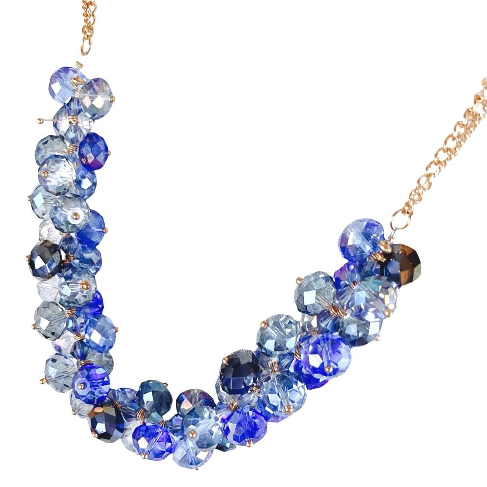 Ali-Khan New York Blue Cluster Crystal Bead Bib Necklace, Gold Chain Statement